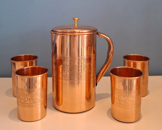 Copper Set - Water Pitcher Flower Band + 4 cups