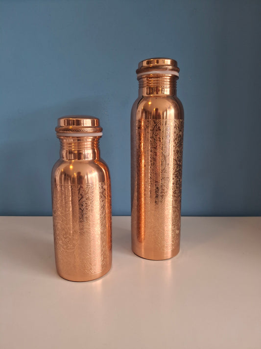 Copper Water Bottle 500ml - Polished Flower Design