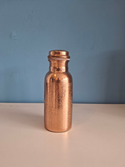 Copper Water Bottle 500ml - Polished Flower Design