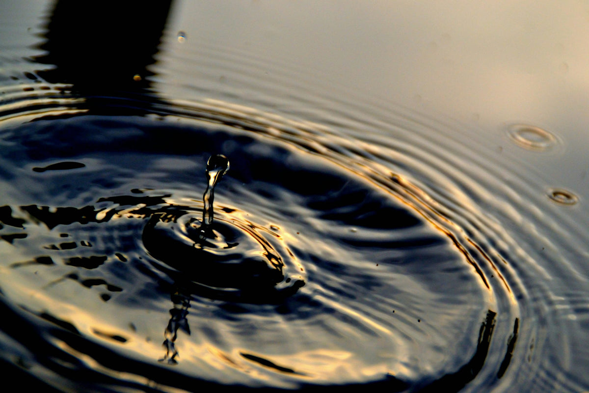 A single drop falling into dark gold water, sending out rings